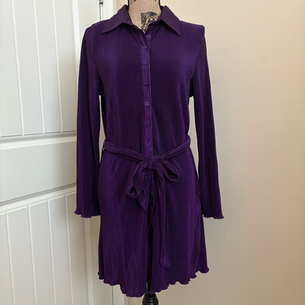 LYANER Royal Purple Accordion Pleat Belted Dress